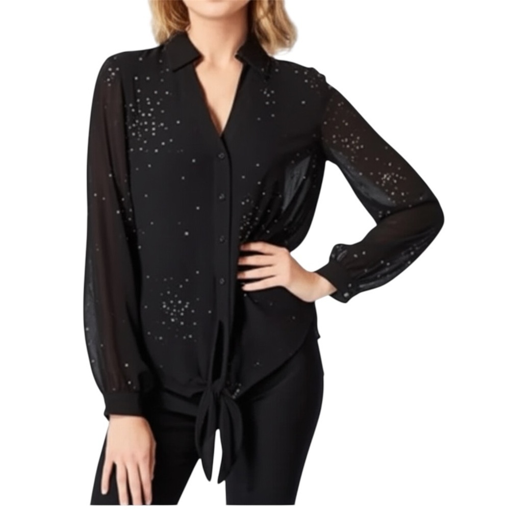 White House Black Market Black Rhinestone Sheer Blouse XS - Picture 3 of 10